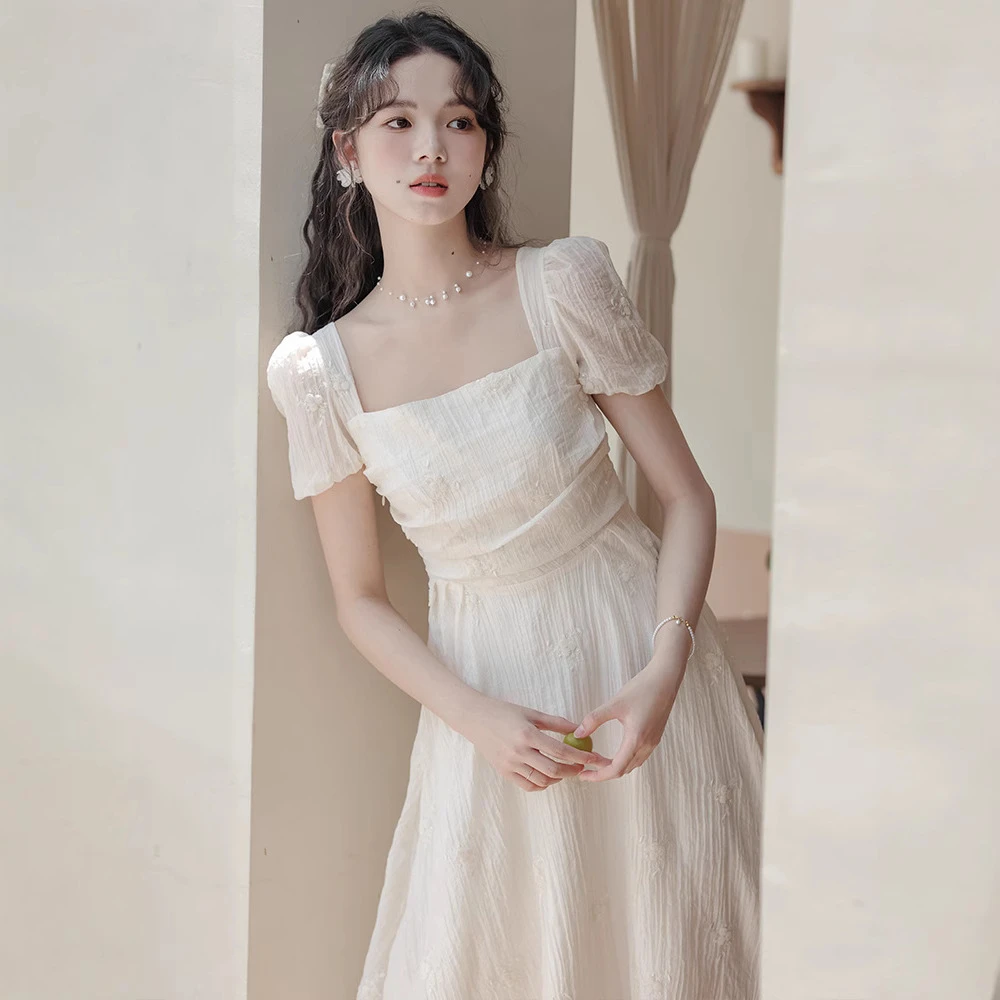 女装2025夏季十三行新法式森系清纯白色方领衣裙小众温柔风a字裙