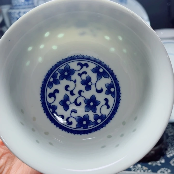 青花玲珑5寸饭碗紫荆花无花