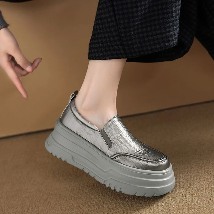 牛皮/6cm/增高乐福鞋圆头真皮单鞋厚底女鞋时尚鞋子百搭休闲鞋