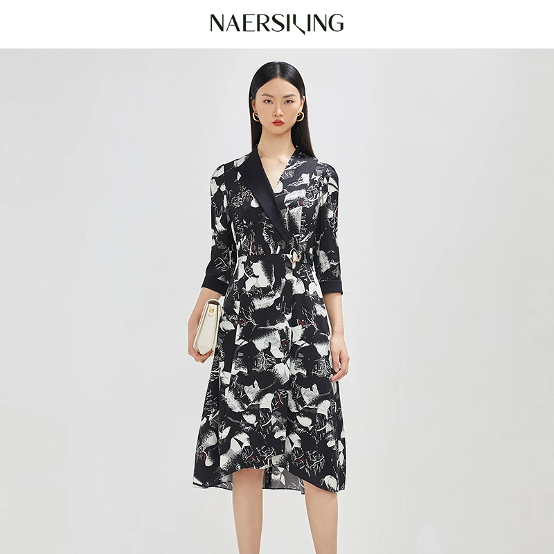 娜尔思灵连衣裙碎花气质长袖时尚收腰修身印花秋季LF06166W0