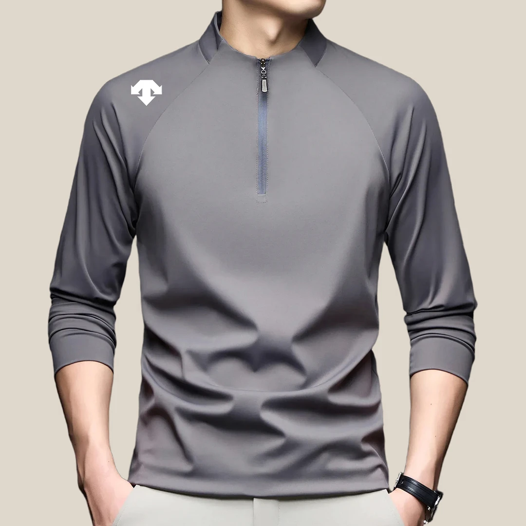 【专柜同款】迪桑家秋季长袖运动T恤时尚速干纯色拉链立领打底上衣