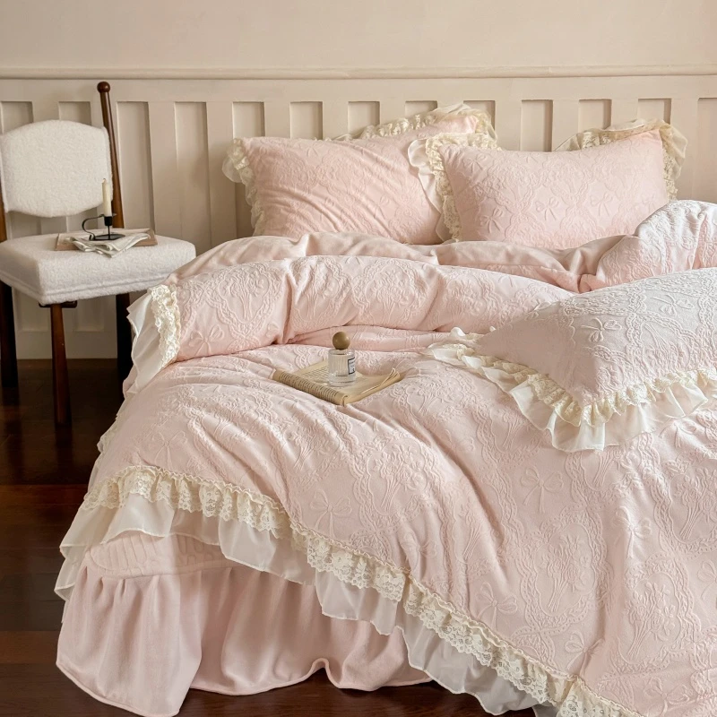 冬季加厚花边款加绒牛奶绒四件套床盖宝宝绒床单被套双面绒防静电