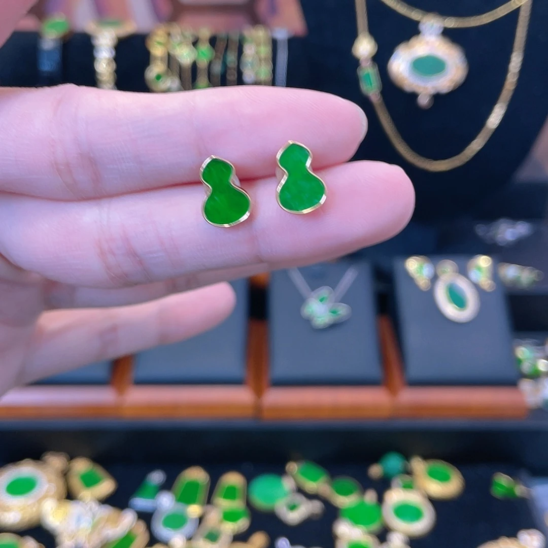 翡翠银S925镀金镶嵌耳饰