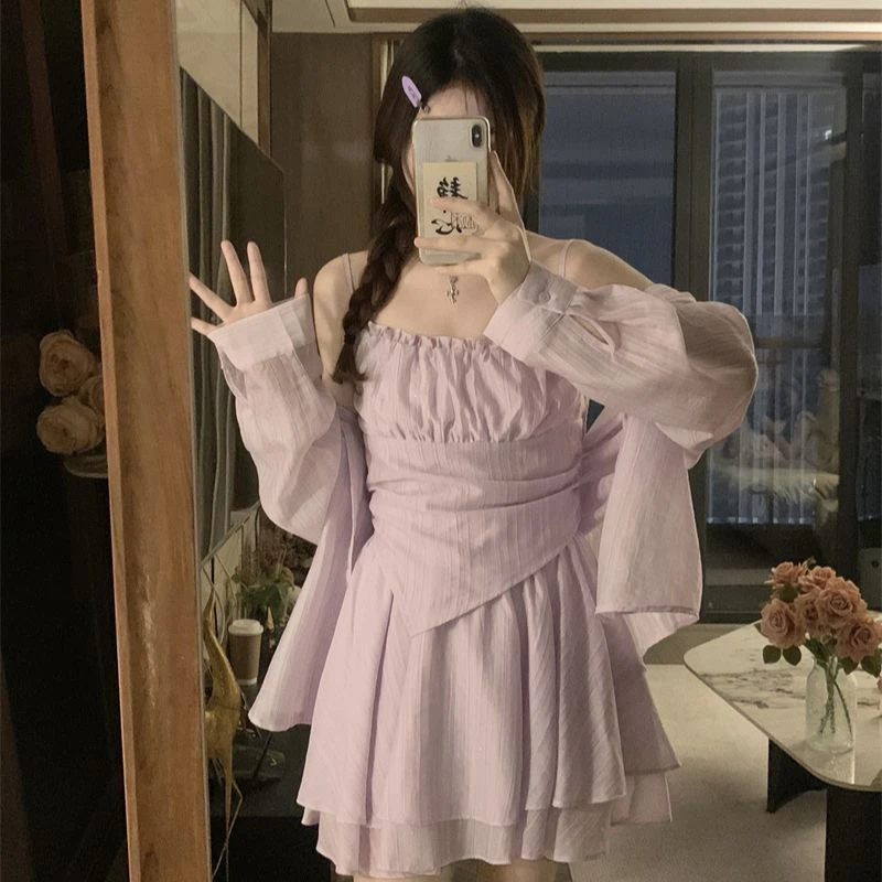 【6-10运费补贴】大码夏季新款韩系吊带背心+衬衫+半身裙三件套9909