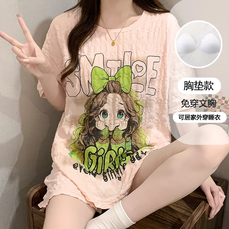带胸垫卡通短袖短裤可外出睡衣女夏季休闲简约睡衣家居服套装2034