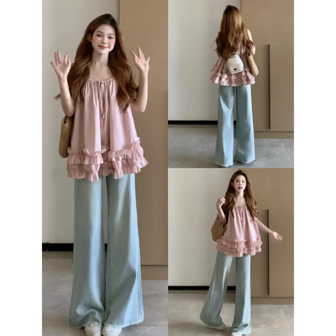 时尚减龄纯欲温柔风荷叶边粉色吊带裙女夏季新款微喇牛仔裤套装