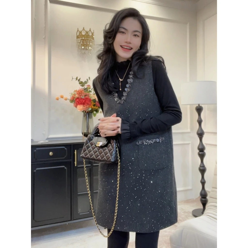 【富家千金】气质高级感重工钉珠法式小香风V领显瘦连衣裙马甲裙女