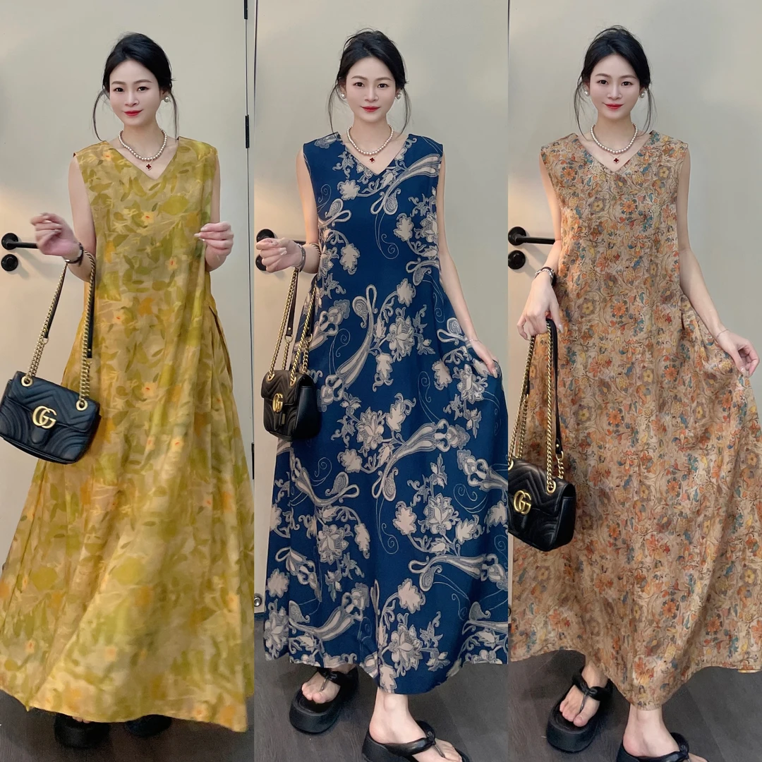 V领仙女风夏季宽松遮肉显瘦连衣裙大码裙子宽松复古碎花中长款