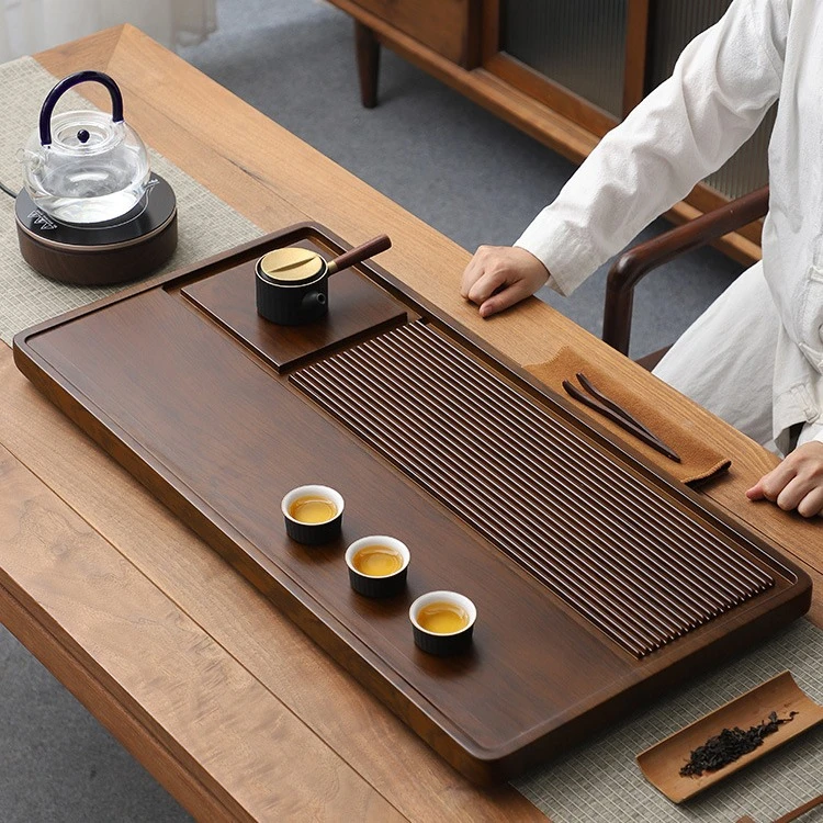 高仿实木茶盘家用整块长方形简约功夫茶具套装排水新款客厅泡茶台