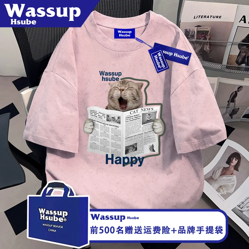 WASSUP HSUBE夏季男女款T恤粉色蜡染纯棉上衣ins可爱小猫印花短袖