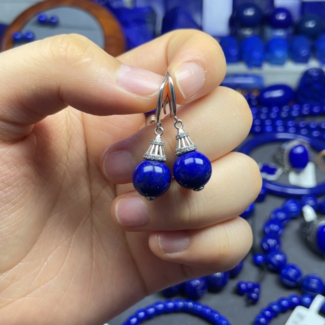 青金石银S925镶嵌耳勾