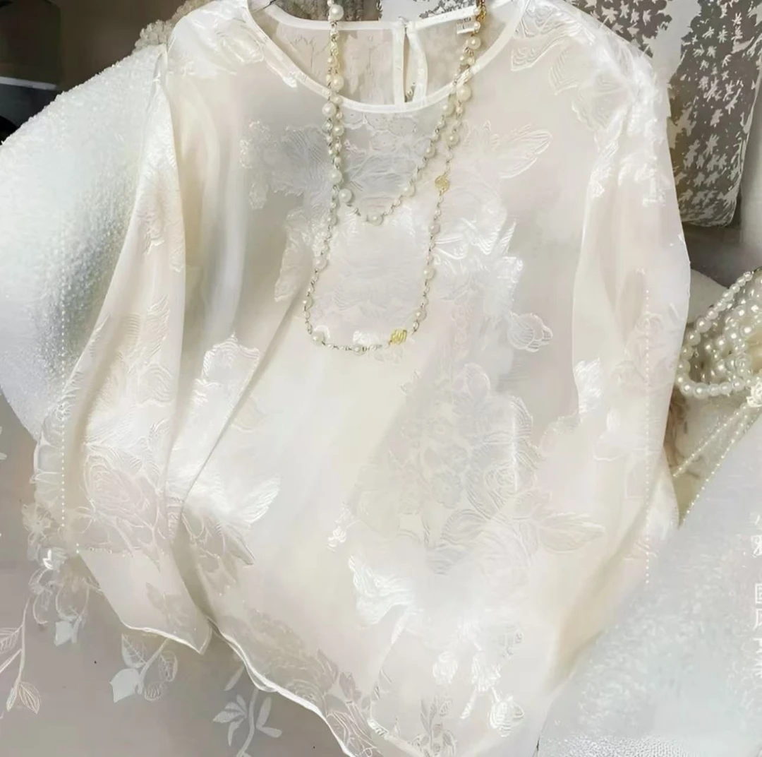 气质中式提花设计宽松版长袖打底女上衣