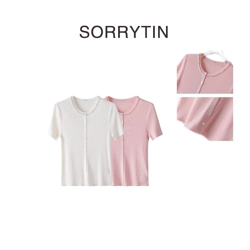 《精致一生》SORRYTIN 超级订珠 日本进口丝棉细坑条短袖针织衫