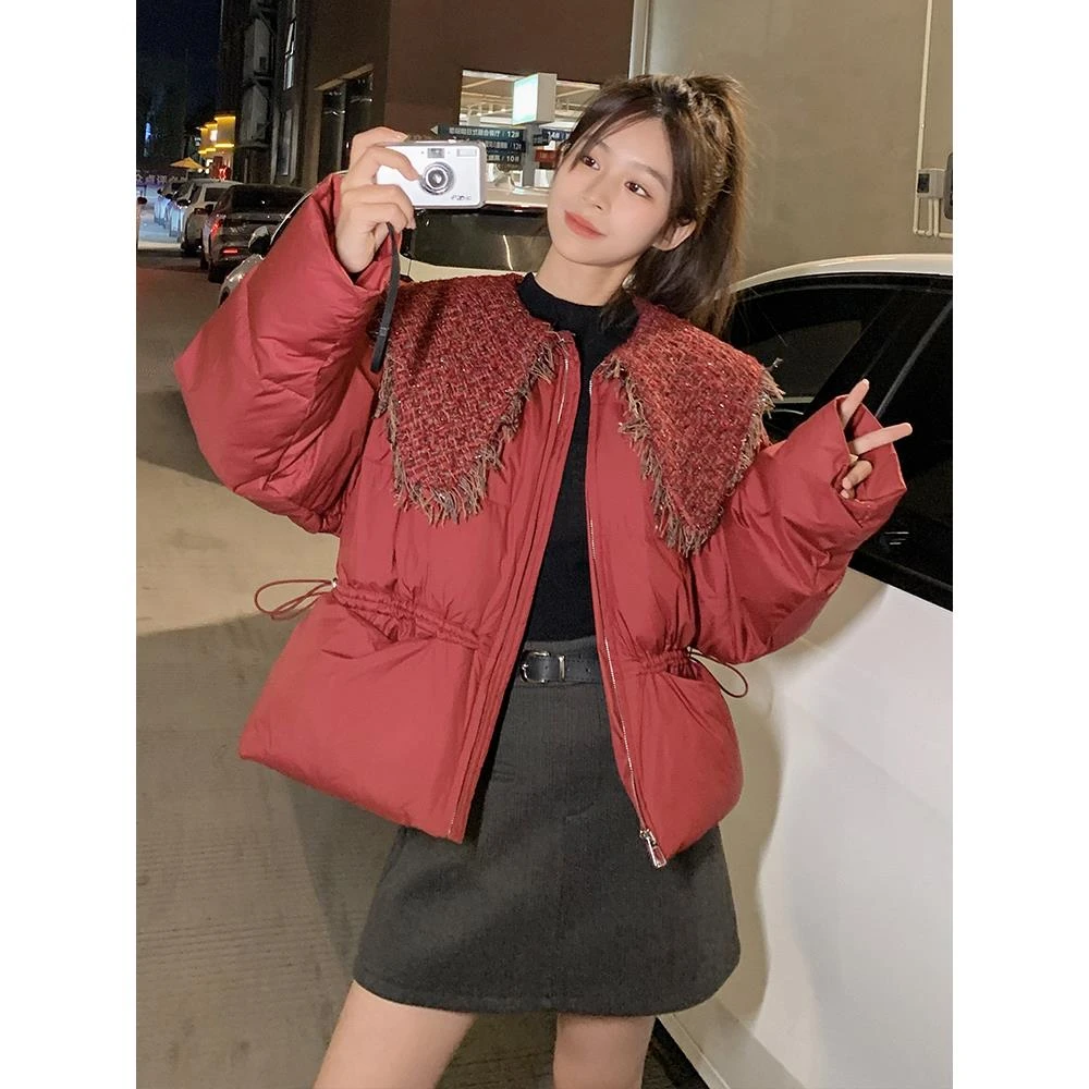 枣红色新年战袍小香风羽绒服女2025冬季新款娃娃领短款白鸭绒外套