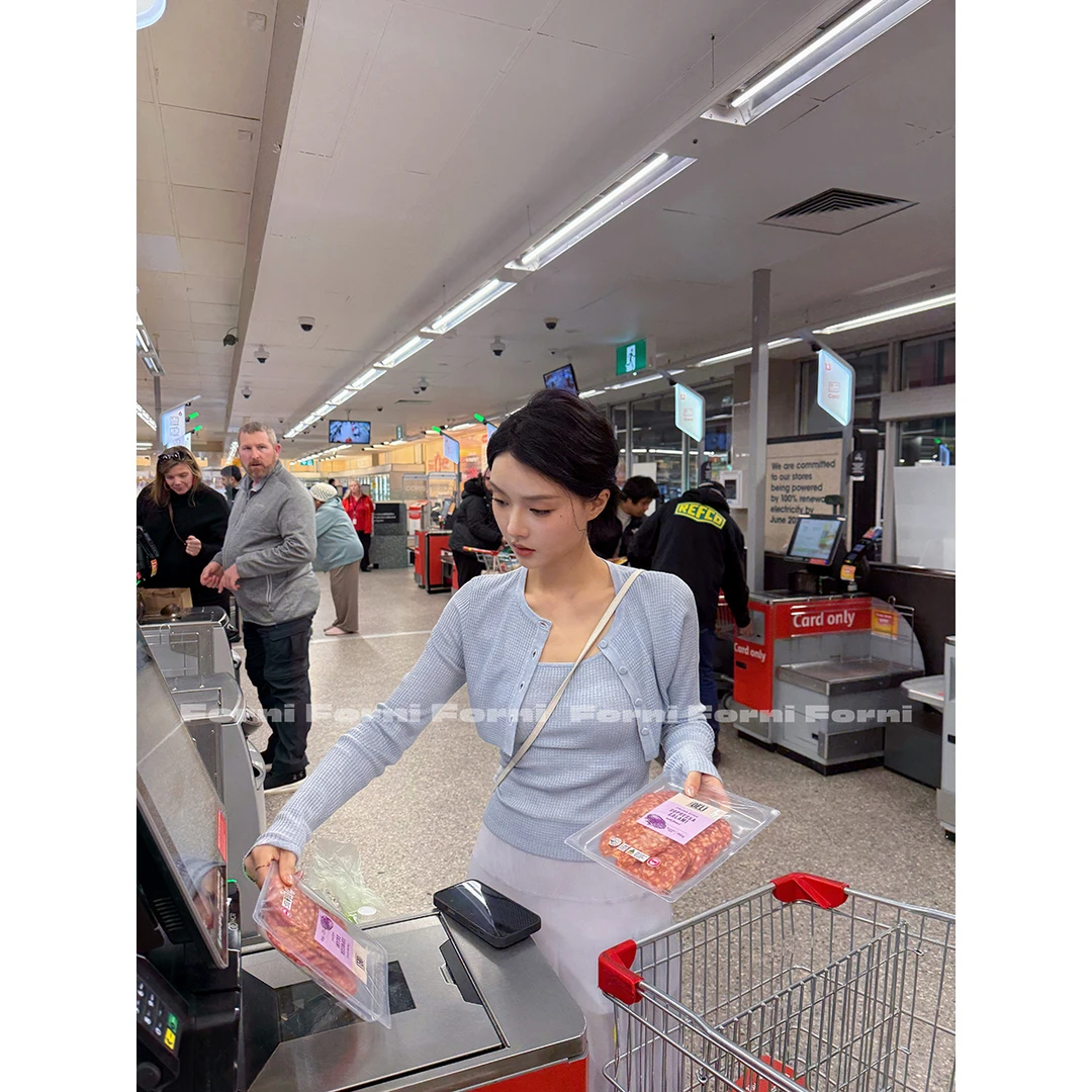 FORNI 华夫格饼干 秋季精仿羊毛华夫格修身吊带短开衫套装2025