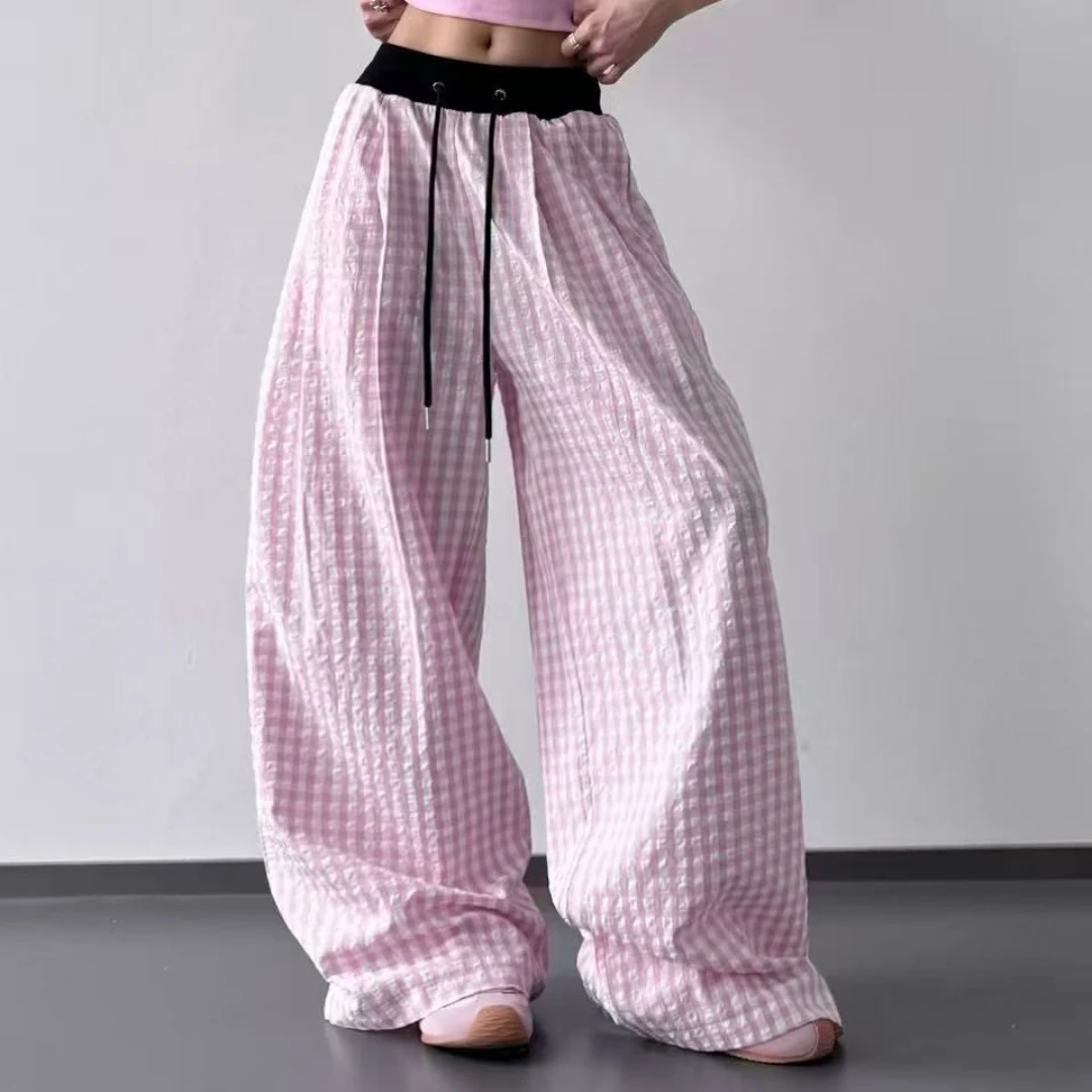 【济州岛】松紧腰拼接格纹休闲裤