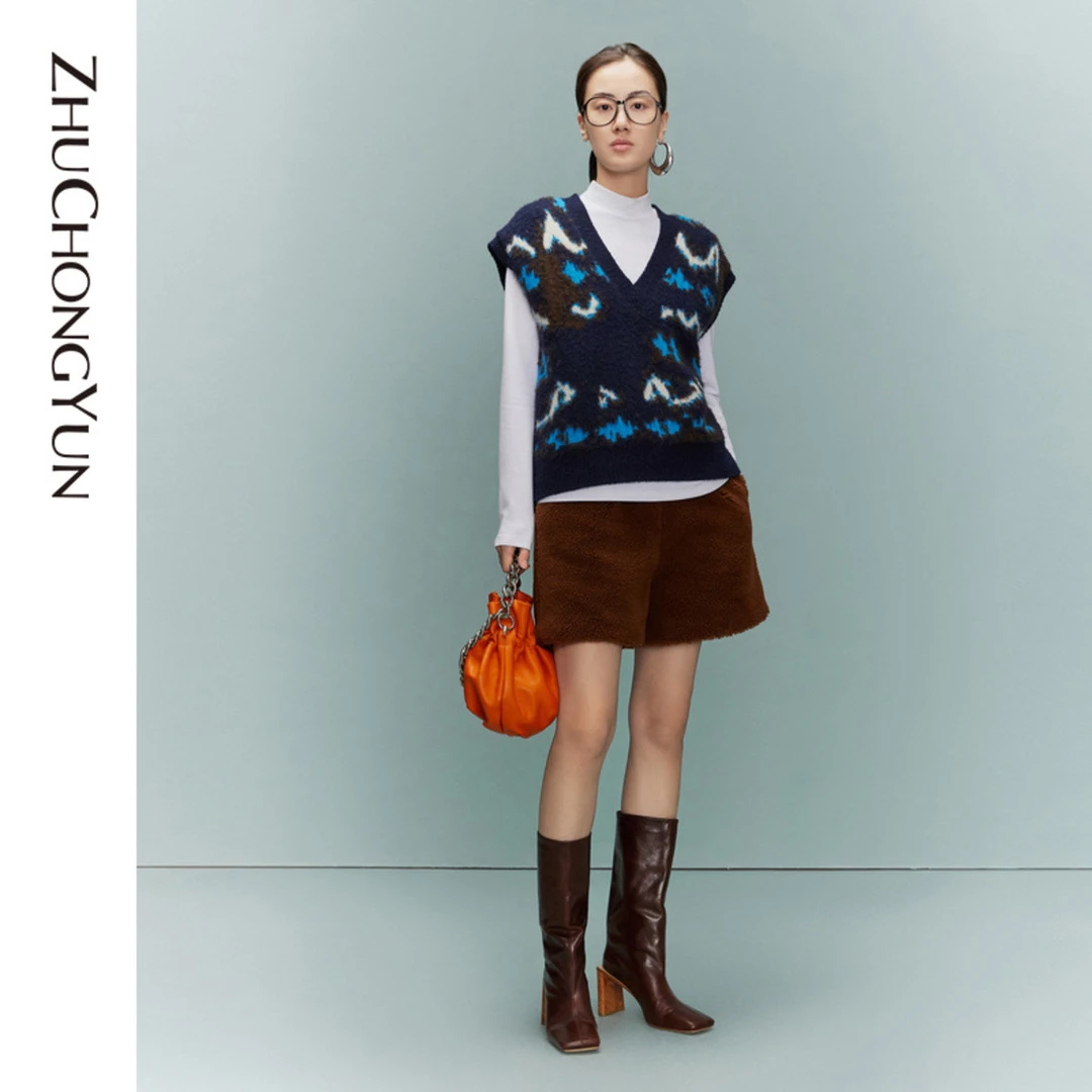 【妍妍精选】ZHUCHONGYUN时尚拼色嵌花V领针织背心