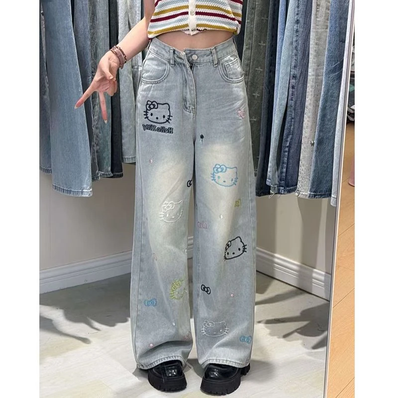 美式街头设计感水洗重工彩线刺绣KT猫牛仔裤女2025夏季新款阔腿裤