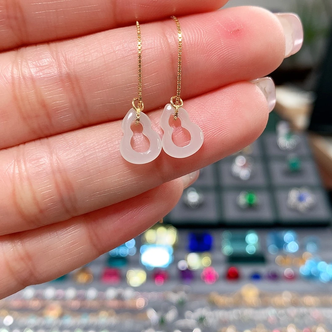 和田玉银S925镀金镶嵌耳饰葫芦耳线