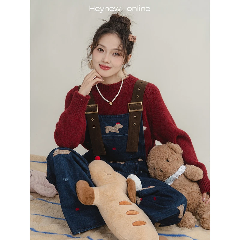 LOVEHEYNEW复古蓝色刺绣腊肠狗牛仔背带裤直筒宽松长裤-WP088AHN