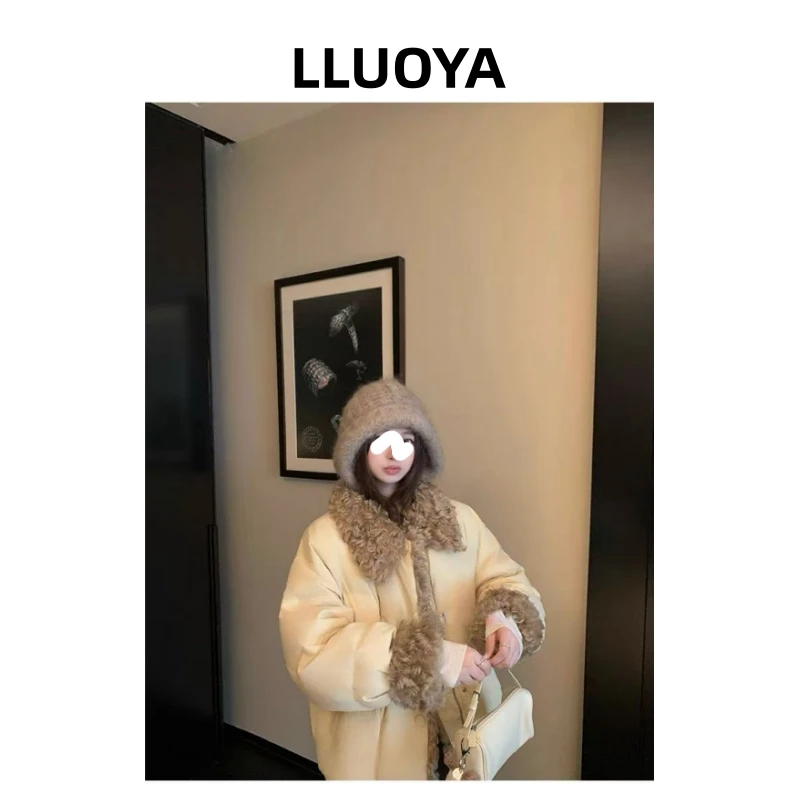 LLUOYA - 冬日暖阳奶黄包拼接毛毛加厚棉服外套