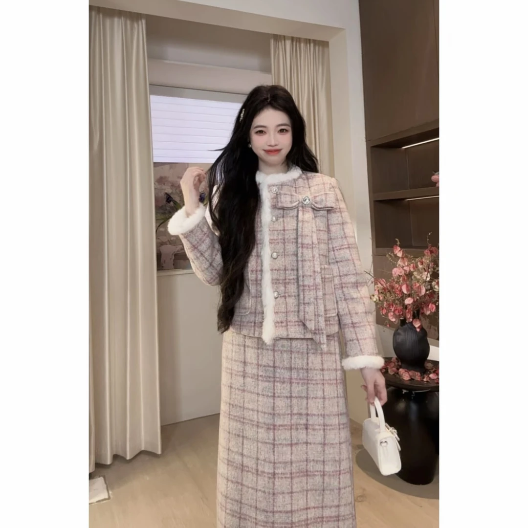 十一原创设计师【瓷感美人】套装（羽 绒）毛呢拼接真毛微胖显瘦