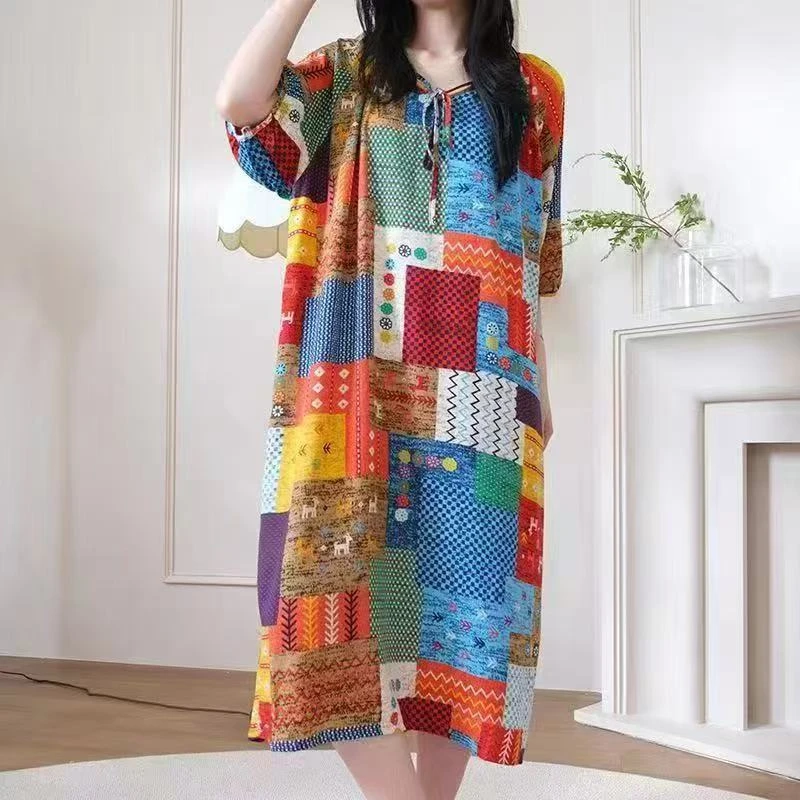 新中式画格子棉绸睡裙女春夏季薄款家居服连衣裙时尚中长款