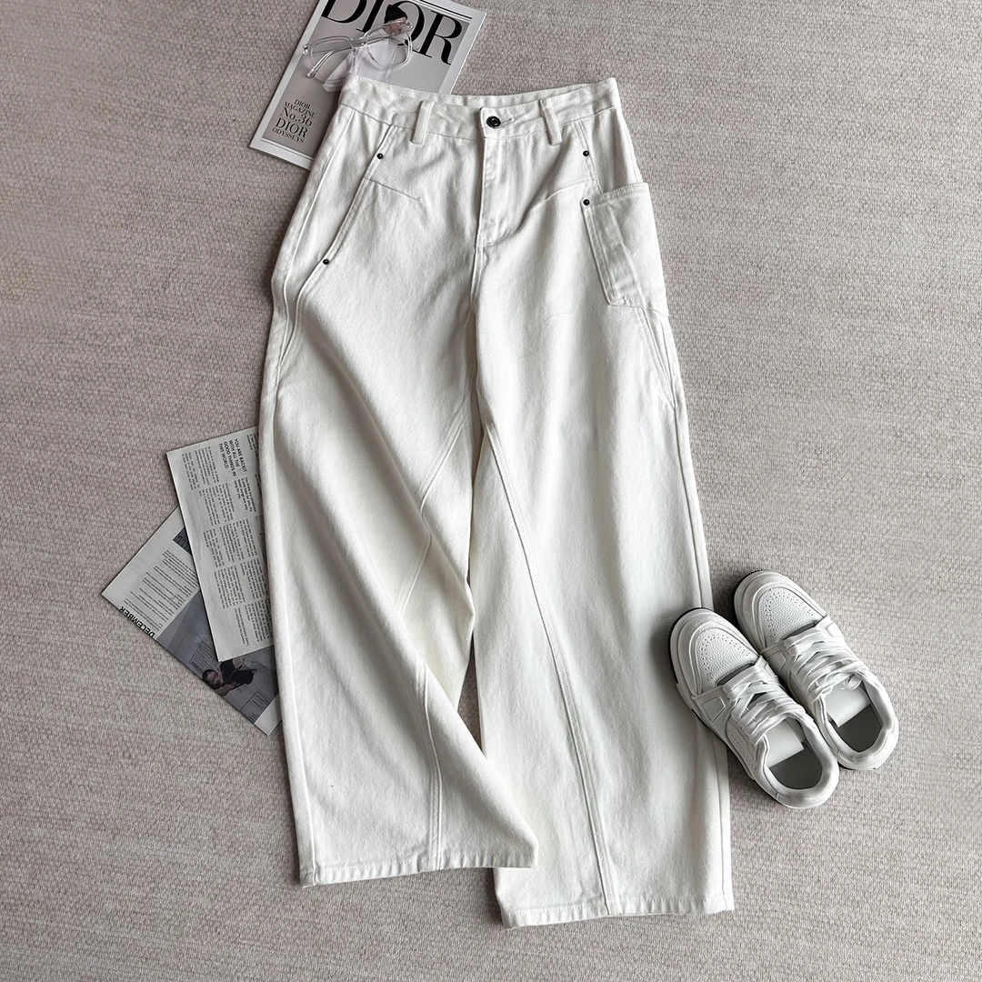 K851 2053 AD 简约高腰阔腿设计感浅色牛仔裤