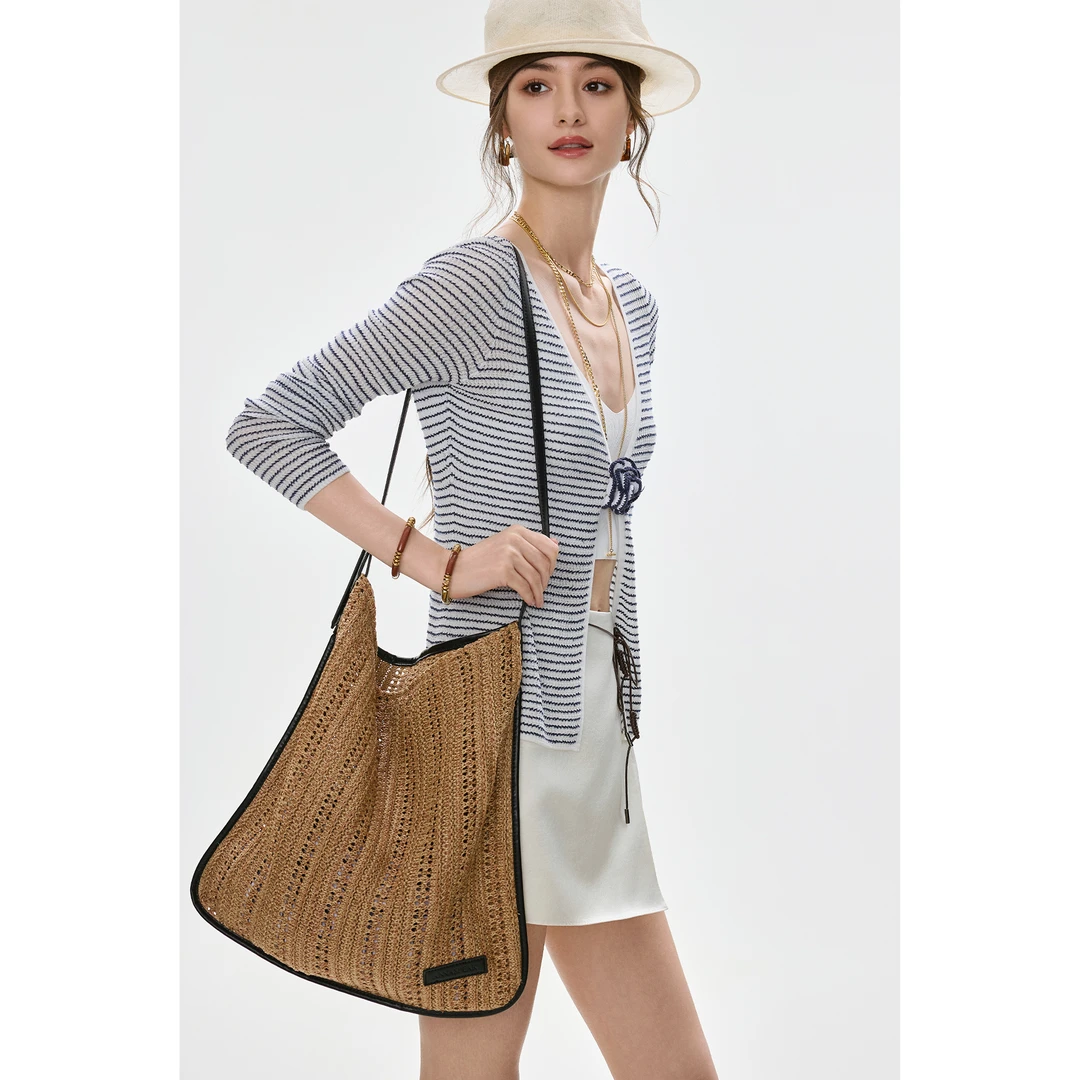 ANNASPEAK慵蓝航海度假风 拼皮大容量单肩斜跨休闲托特草编包