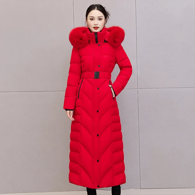2025新款爆款羽绒服女长款过膝加厚超长修身收腰时尚真狐狸大毛领