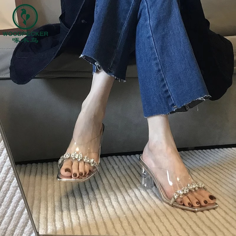 啄木鸟拖鞋女2024夏季外穿仙女风水钻透明方头露趾粗跟高跟凉鞋