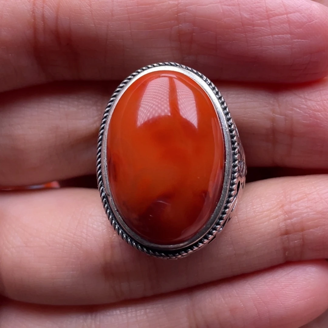 南红玛瑙银S925镶嵌珠宝奇石戒指