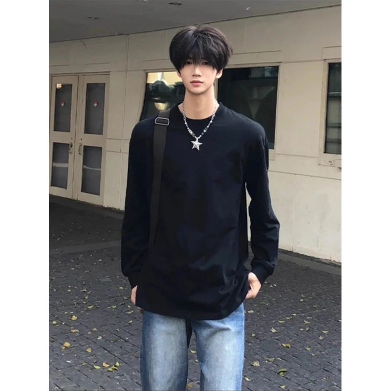 黑色纯棉正肩长袖t恤少年感男款春秋圆领卫衣cleanfit内搭打底衫