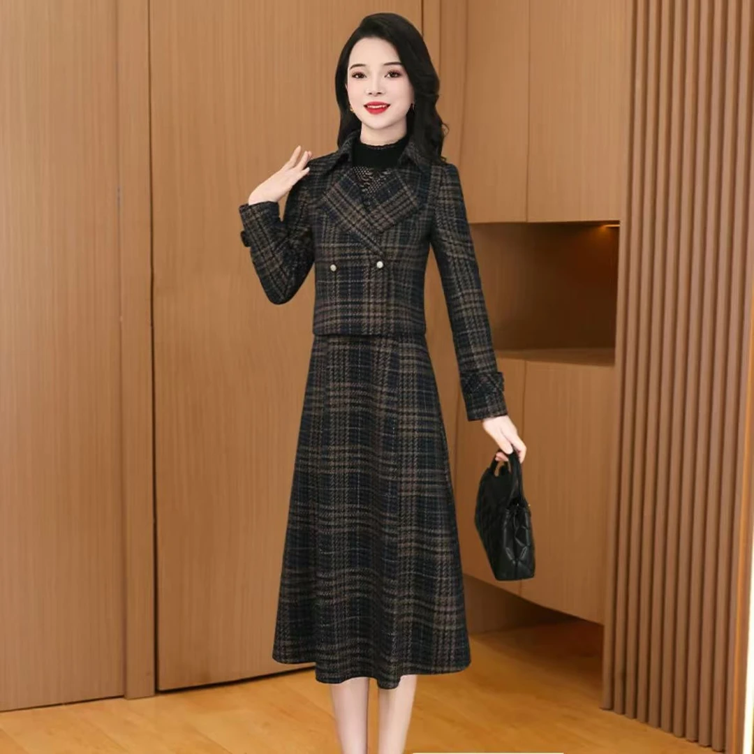 【外套+裙子】秋冬新款西装领长袖洋气优雅时尚格子大气显瘦套裙