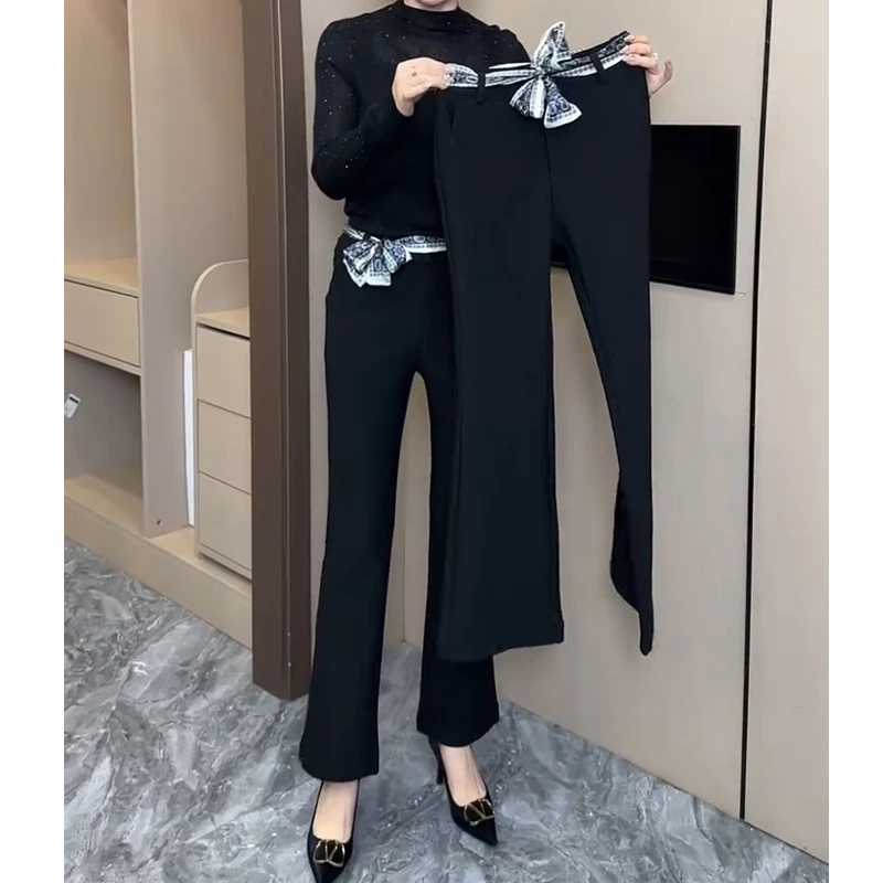 黑色小个子微喇休闲裤女秋冬加绒高腰百搭弹力显瘦修身九分喇叭裤