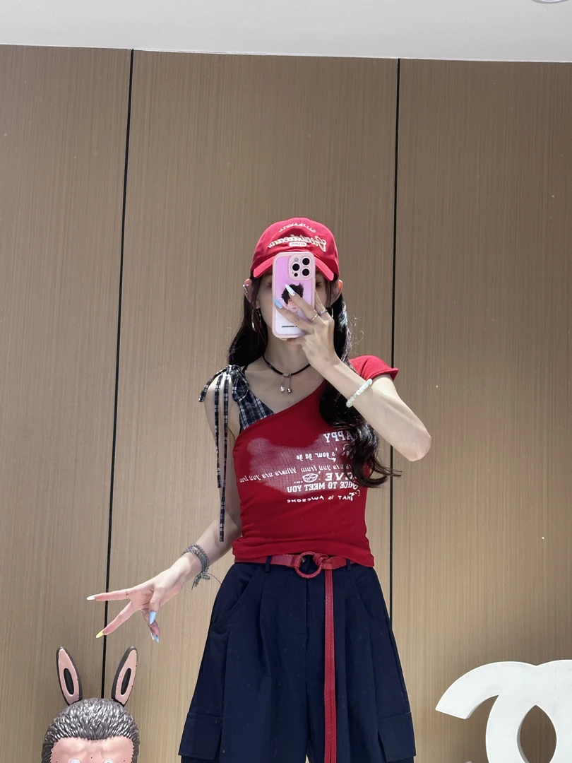 XX5146 时尚设计感拼接露肩印花吊带T恤辣妹修身胸垫款显瘦上衣
