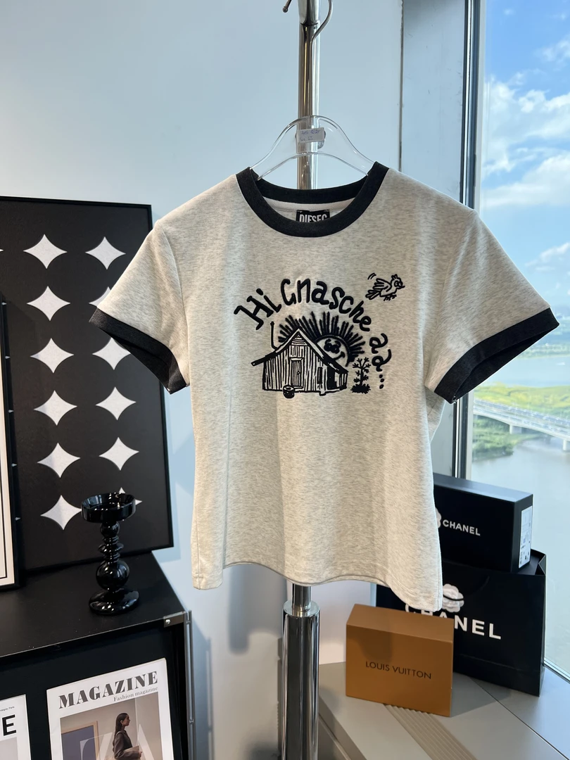 澜森深圳南油小众设计师新品灰色图案撞色拼接重工T恤孤品