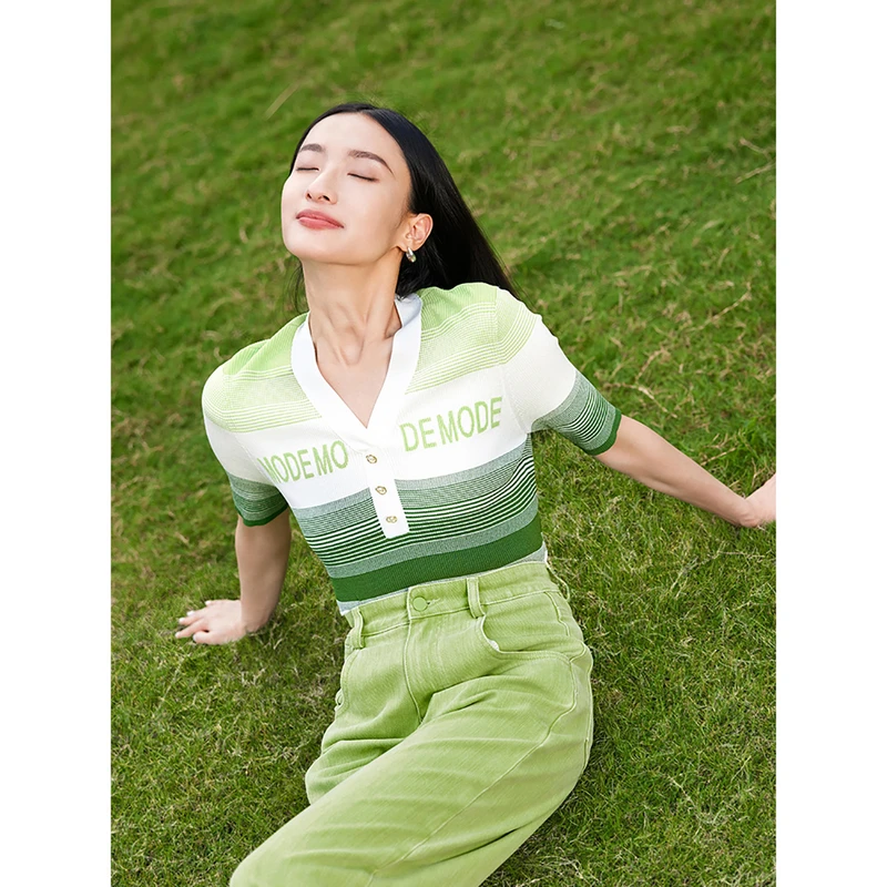 dunnu敦奴25春季新款显瘦正肩法式V领条纹针织衫NT170903