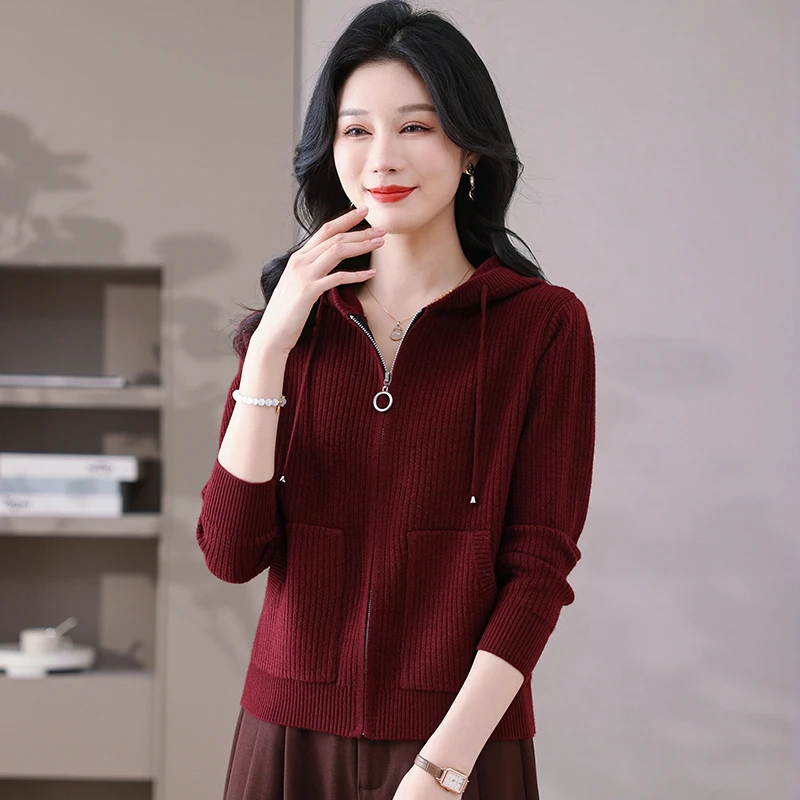 高级感连帽休闲拉链外套女士短款春季新款时尚洋气百搭针织衫开衫