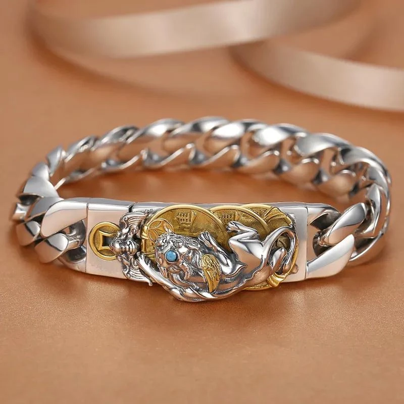 足银皮质手链 s925银霸气貔貅手炼男气质嘻哈朋克招财转运设计感