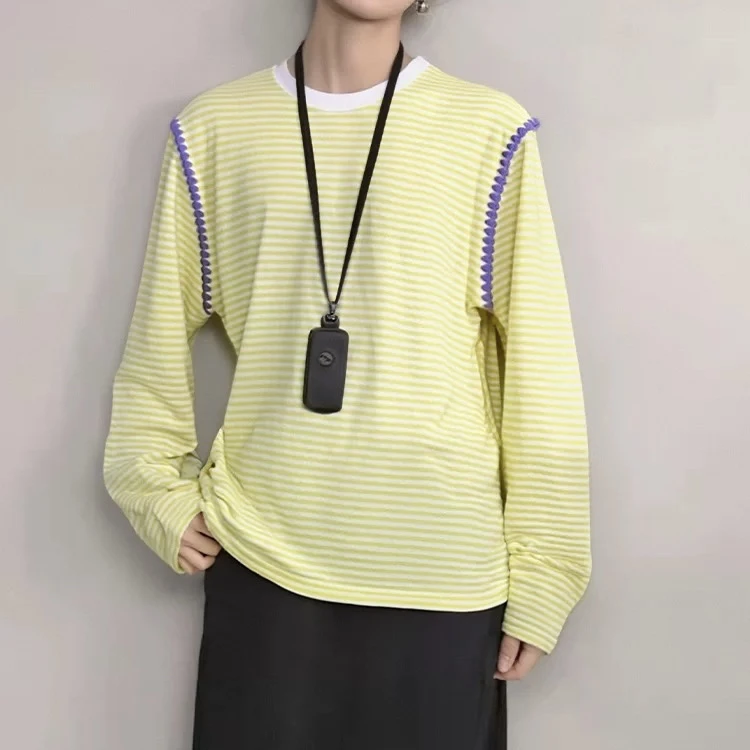 2512062圆领撞色条纹长袖T恤女刺绣拼接宽松百搭25秋冬新款