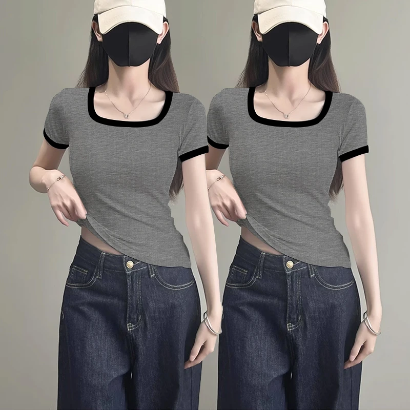 【现货速发】2025夏季时尚拼接撞色设计感方领上衣打底正肩短袖体恤