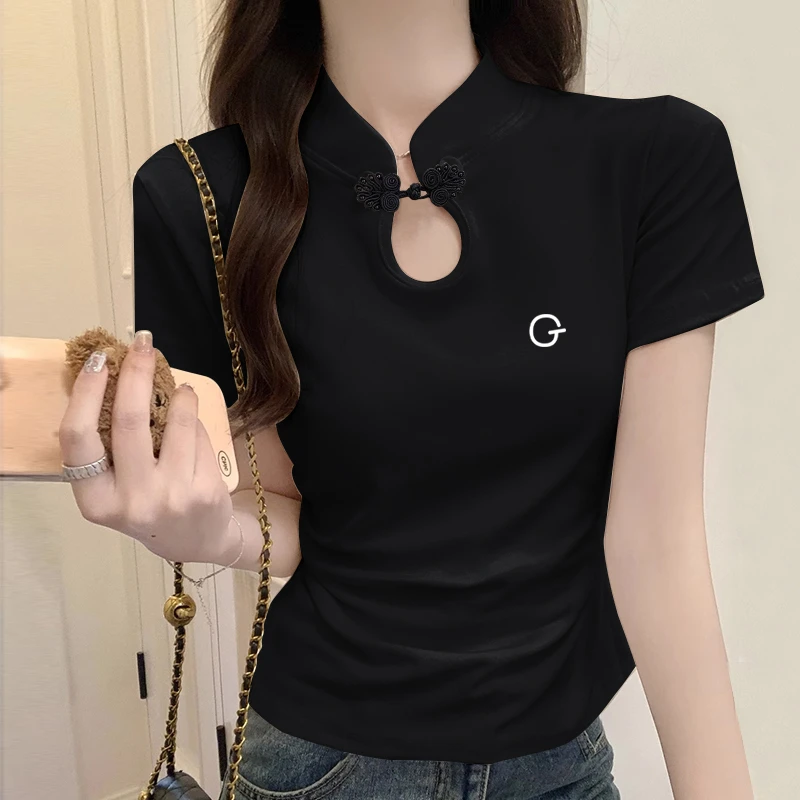 新中式盘扣短袖t恤女士夏季设计感小众修身显瘦短款正肩国风上衣
