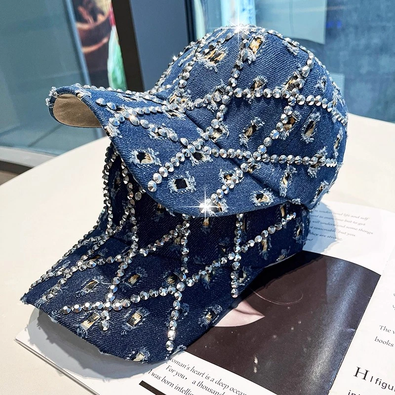 春秋潮牌破洞牛仔帽女士水钻帽子复古硬顶棒球帽透气遮阳鸭舌帽女