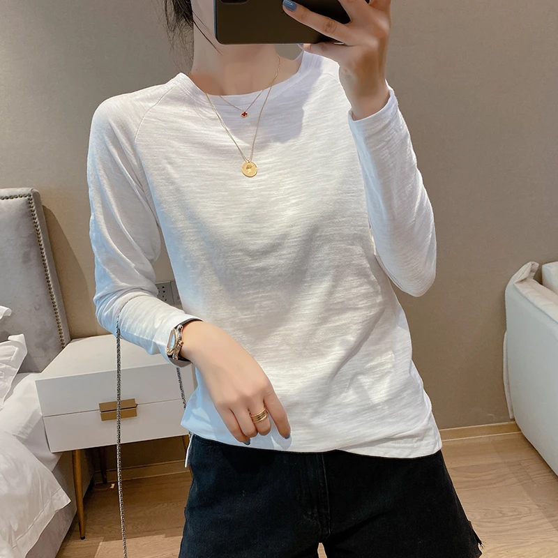 竹节棉白色长袖t恤女春秋新款内搭圆领宽松打底衫上衣服女款