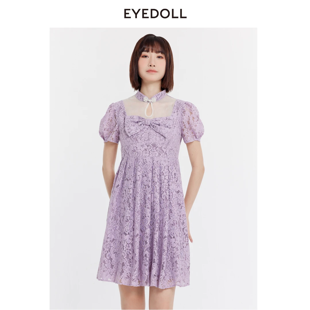 【小呆鸟专属】EYEDOLL24夏季新款浪漫国风盘扣蕾丝短款连衣裙