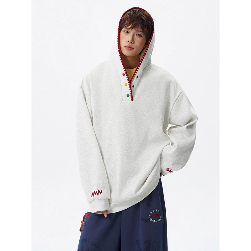 多巴胺万针镶边连帽卫衣男高级感撞色刺绣外套冬季加绒大码套头衫