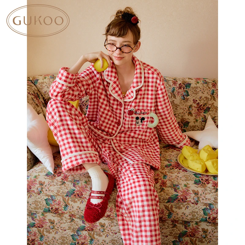 【Gukoo果壳】迪士尼米奇冬季保暖格子睡衣加厚女士卡通家居服套装