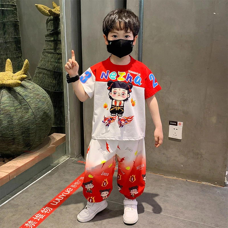儿童装男童夏装哪吒套装2025新款酷帅男孩短袖宝宝夏日薄款防蚊裤