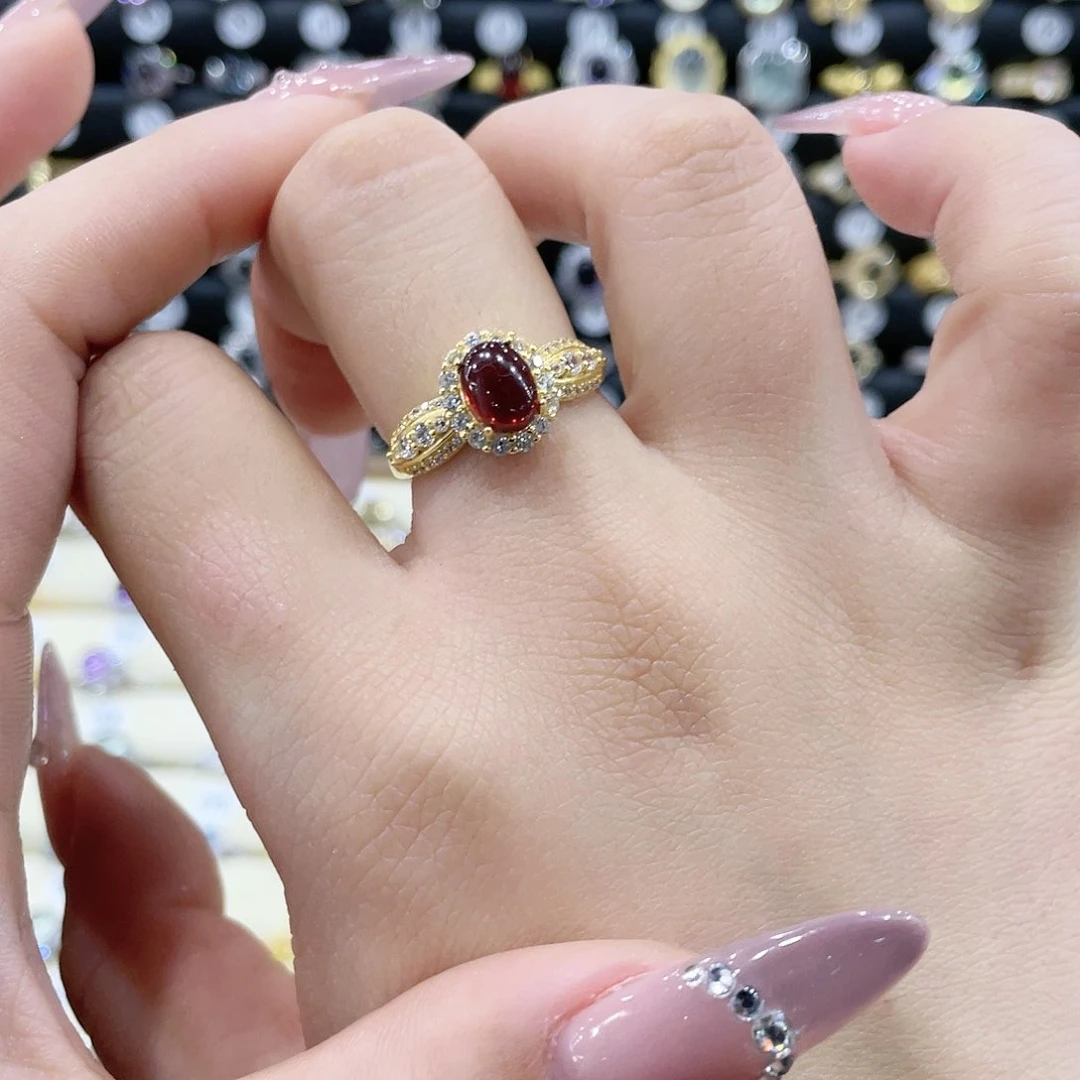 石榴石戒指银S925镶嵌戒指